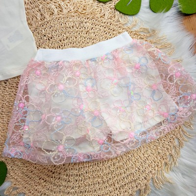 Conj. Blusa Florzinha e Short Saia em Tule Floral - Off White 